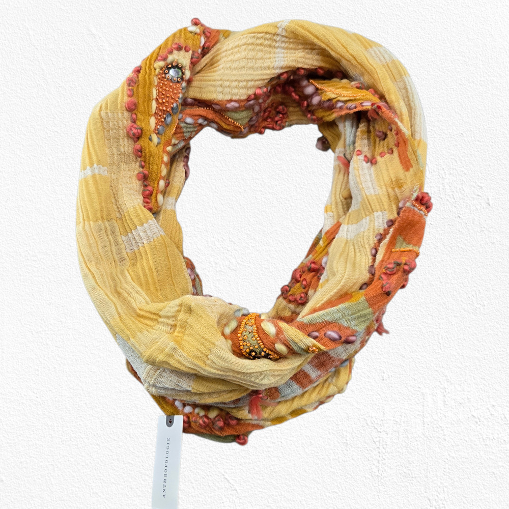 Anthropologie NWT Embellished Paisley Infinity Scarf Tangerine Cotton Loop Wrap